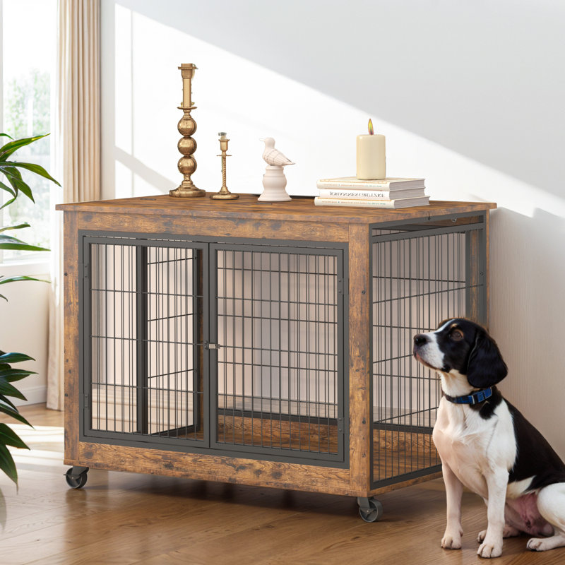 Dog Crate Side Table On Wheels With Double Doors And Lift Top, Brown, 27.2" H x 38.58" W x 25.19" D