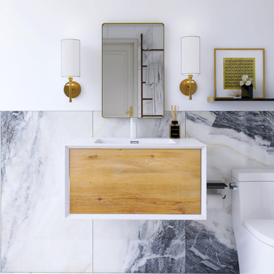30 In. W Single Solid Surface Sink Wall Mounted Bath Vanity In Oak With Matt White