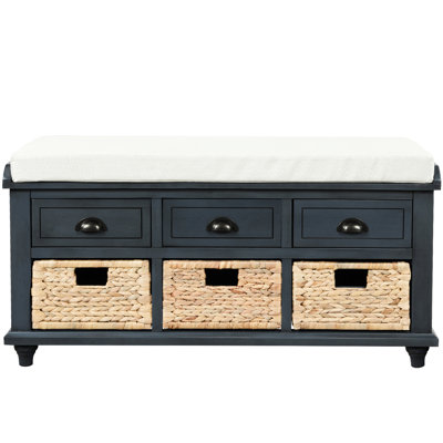 Antique Navy Storage Bench With 3 Drawers & - Stable Wood Frame Living Room And Entryway Use 3 3 Basket Shoe In Finish For