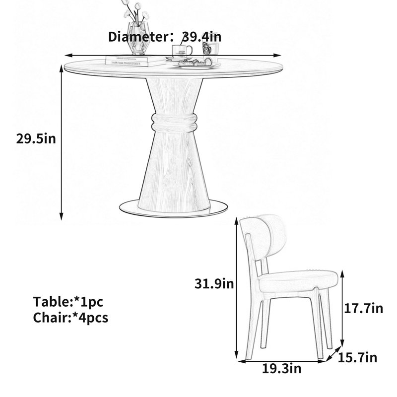 Table de salle à manger ronde vintage, 29.5" H x 39.4" W x 39.4" D, 5