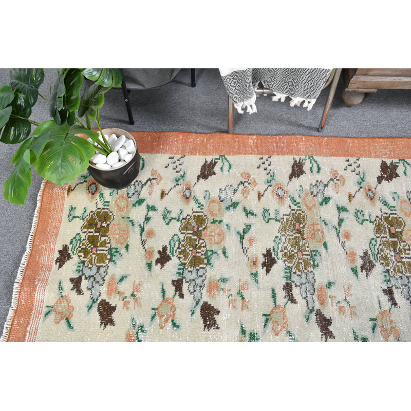 Grand tapis Oushak fait à la main avec motif floral unique pour un élégant décor de salon en beige / orange