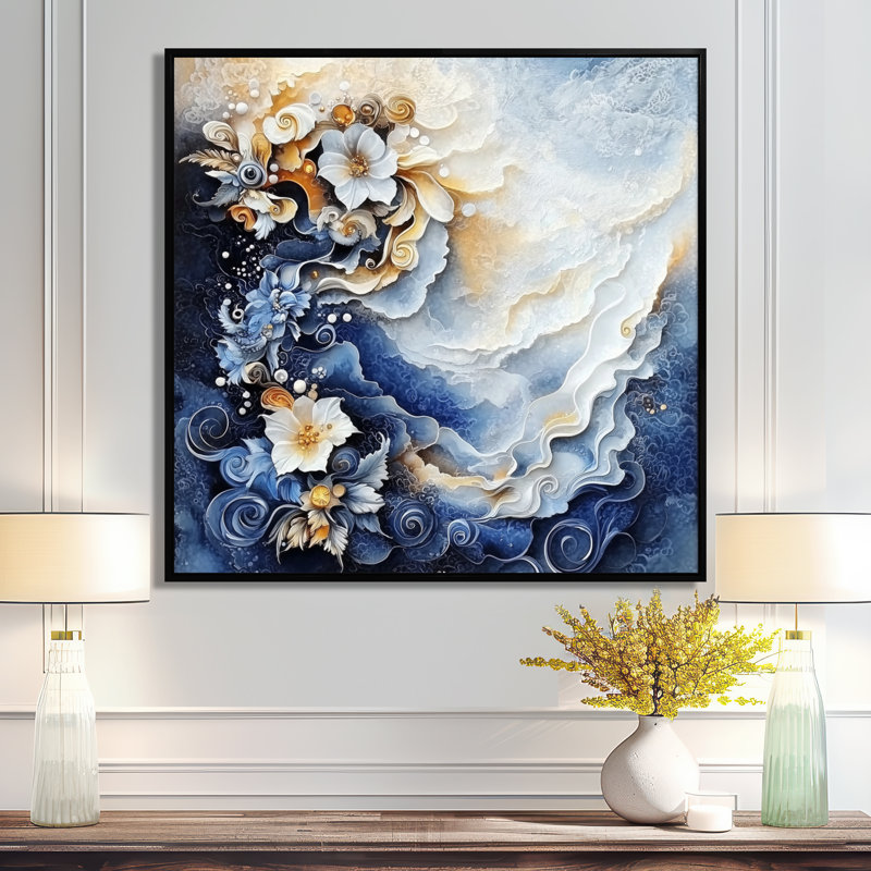 «Abstract Coastal Floral Gold Echo II», reproduction d'art moderne transitionnelle abstraite, H 36 po x l 36 po, Noir