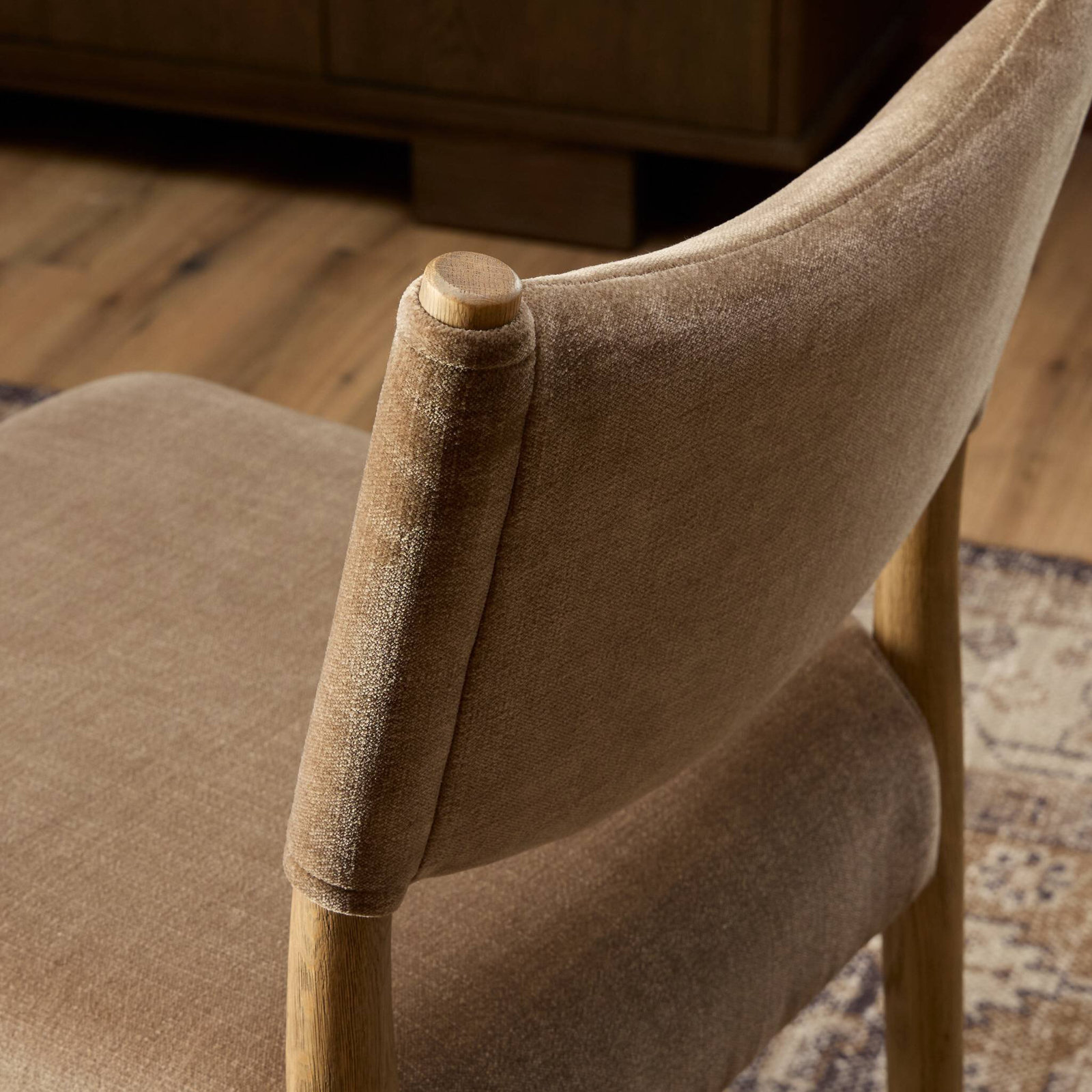 Tara Upholstered Stool, Altair Mushroom, Toasted Oak