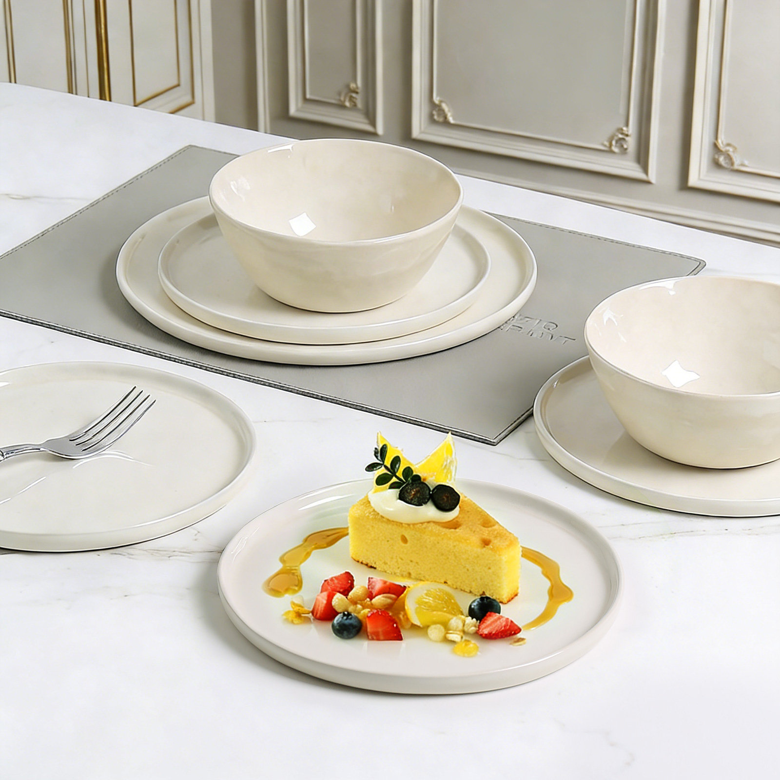 Poise  12 Piece Water Ripple Design Stoneware Dinnerware Sets ,service For 4, Beige