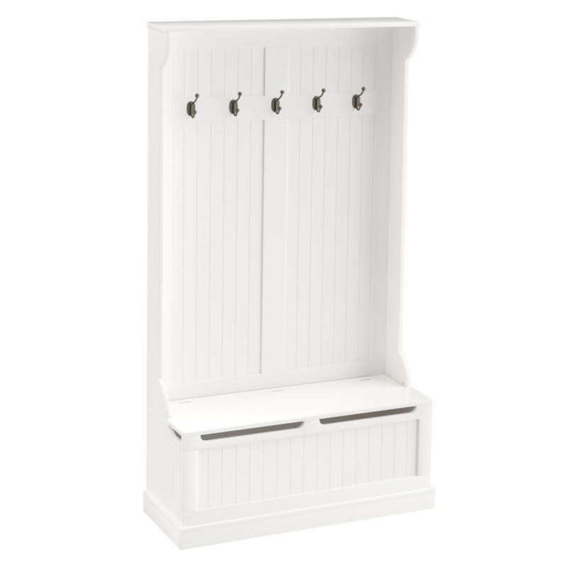 Arbre d'entrée 38 po 3-en-1 avec banc de rangement, portemanteau avec quatre crochets et rangement pour chaussures, blanc