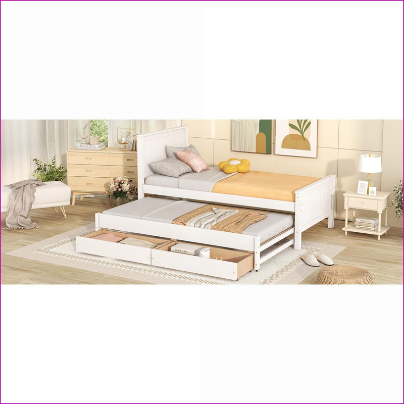Lit plateforme simple en pin massif avec lit gigogne Tiroirs - Aucun sommier requis, blanc pour chambres à coucher / chambres d'amis