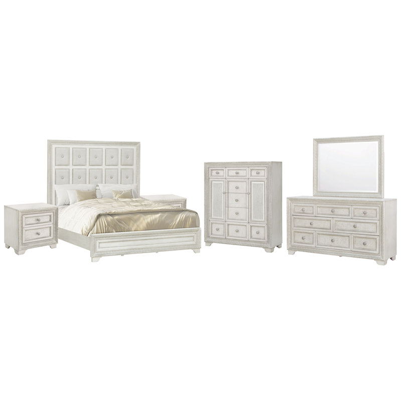 Commode à 2 tiroirs avec miroir et porte Bon Bon, Ensemble de 6 pièces : lit, 2 tables de chevet, , Grand lit