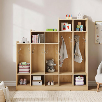 Casier à 5 sections pour enfants - 9 casiers, 10 crochets - Organisateur de rangement en bois pour la maison, l'école, la chambre de bébé, la maternelle - couleur bois naturel