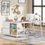 Bureau d'ordinateur profilé avec 3 tiroirs et tablettes de rangement, bureau d'angle réversible pour bureau à domicile-398606905-382091357