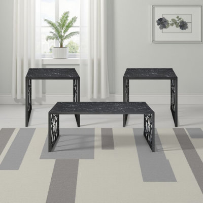 Melin 3Pc Coffee And End Table Set, Geometric, Black Glass Marbled Top