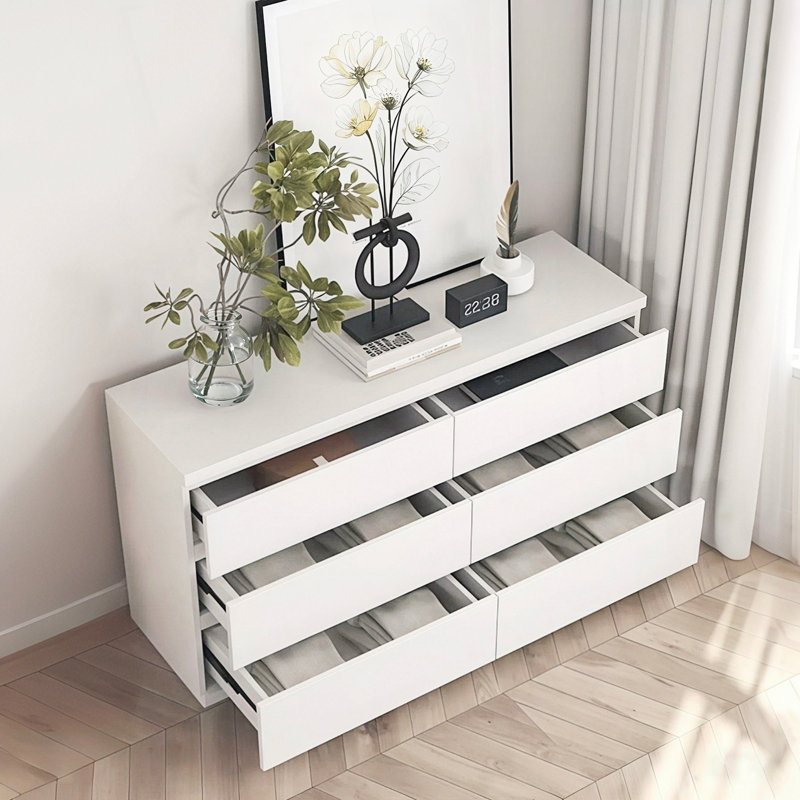 Commode 6 tiroirs, commode moderne pour la chambre à coucher avec comptoir spacieux, armoire de rangement avec poignées dissimulées, armoire de salon