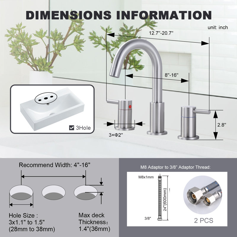 Widespread 2-handle Bathroom Faucet with Drain Assembly, Brushed Nickel