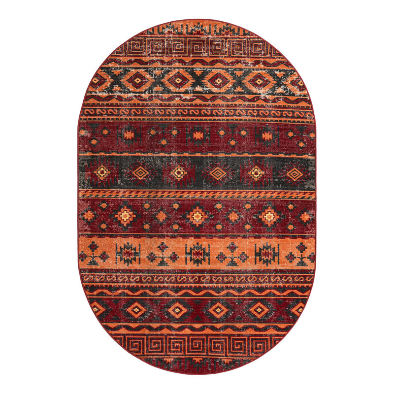 Geometric Red Area Rug, Oval 6'1" x 9'