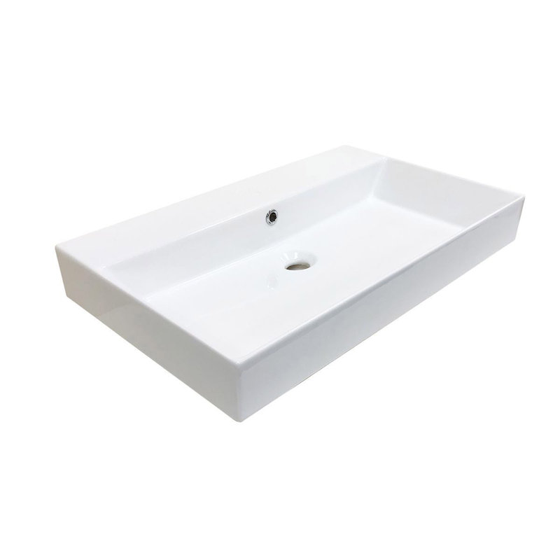 Glossy White Ceramic Rectangular Wall-Mount Bathroom Sink