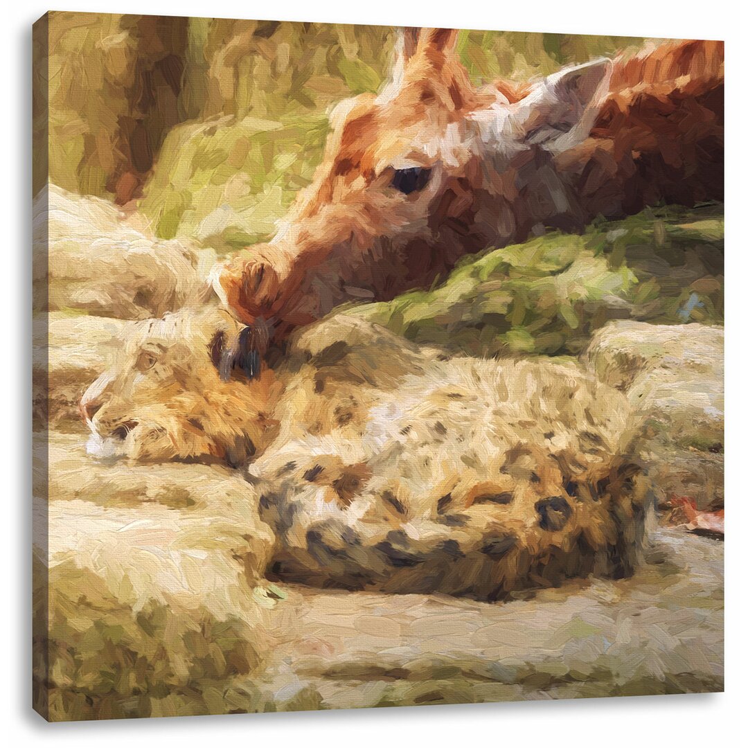 Leinwandbild Kuschelnder Leopard und Giraffe