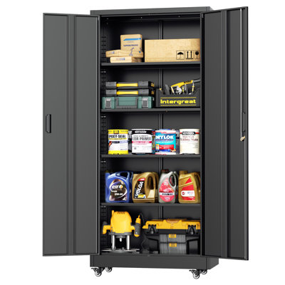 Metal Garage Storage Cabinets with Wheels, Rolling Tool Cabinet with Locking Doors and Adjustable Shelves(73" H×32" W×16" D)