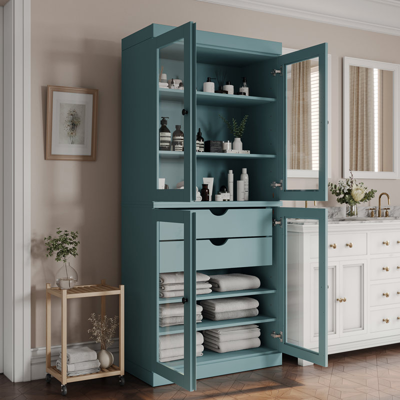 Armoire de rangement autoportante en bois massif l 32 po x H 71,5 po avec portes en verre transparent, 2 tiroirs et tablettes réglables - Organisateur de salle de bain moderne
