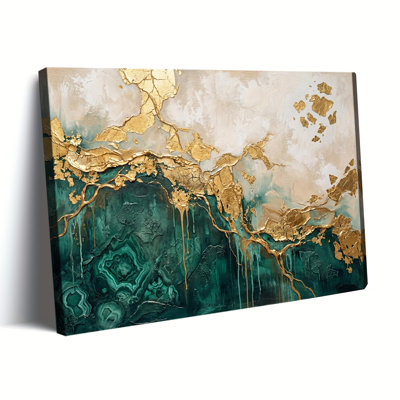 «Emerald Green Malachite», feuille d'or texturée, empâtement abstrait, toile tendue, prête à être accrochée