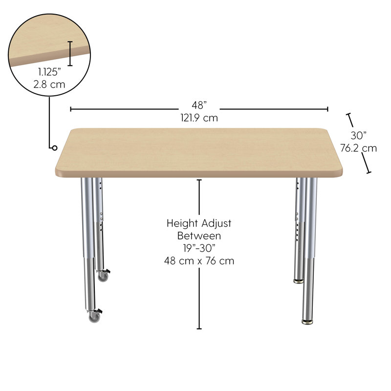 Table d'activité rectangulaire à hauteur réglable en forme de T, 24 po x 48 po, Érable / érable / argent, Épais