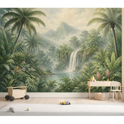 Papier peint adhésif mural forêt tropicale tropicale, paysage, cascade, montagnes brumeuses, papier autocollant amovible, décoration murale pour salon, chambre à coucher H 69 po x l 96 po