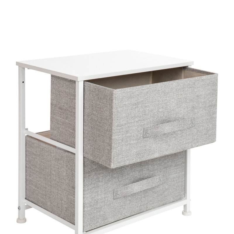 Colne 2 Drawer Storage Stand with Wood Top & Fabric Pull Drawers, White/Light Gray