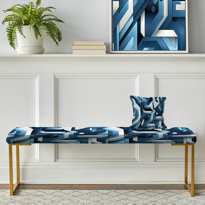 White And Blue Geometric Mosaic Pattern - Geometric Upholstered Gold Bench