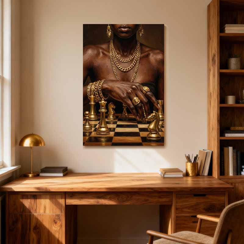 Joueur d'échecs tendance avec bijoux et planche dorés, H 30 po x l 20 po