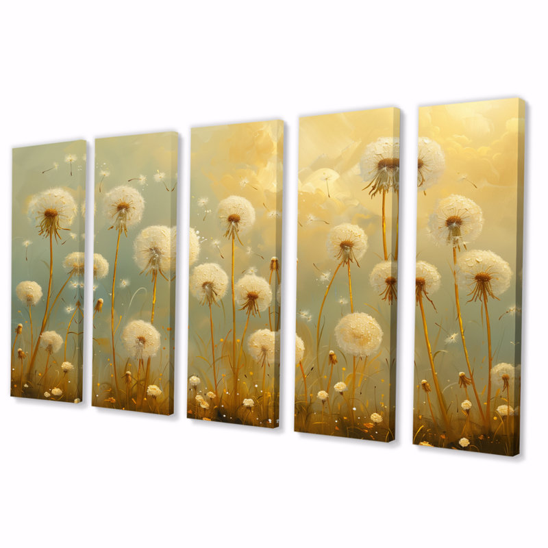 «Beige Blue Spring Dandelion Collage II», ensemble d'art sur toile pissenlit, H 28 po x l 60 po