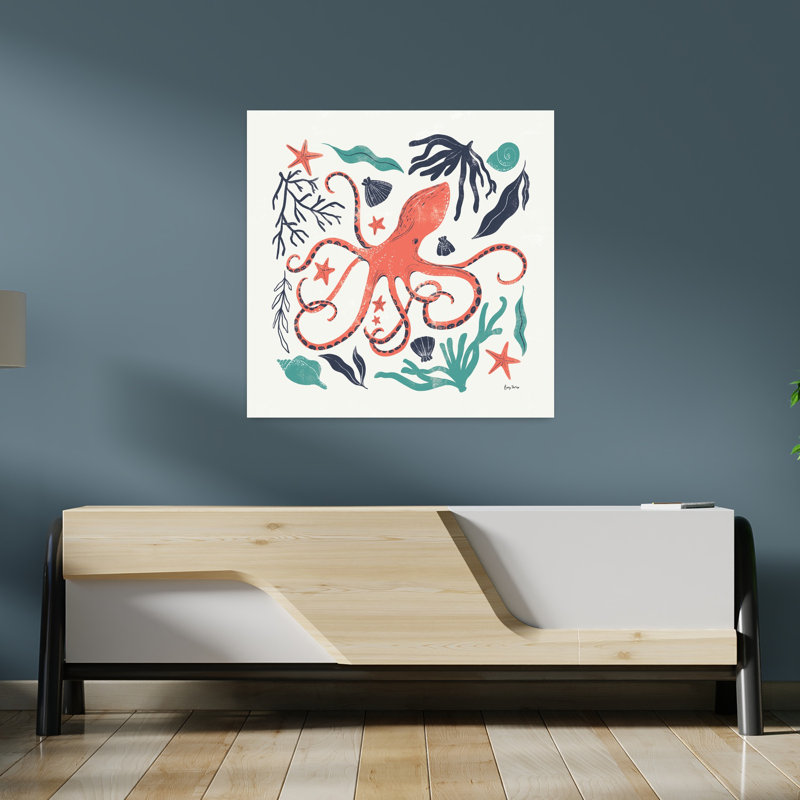 Coastal Reef IV, turquoise, étoile de mer abstraite, pieuvre, paysage côtier, art, H 36 po x l 36 po