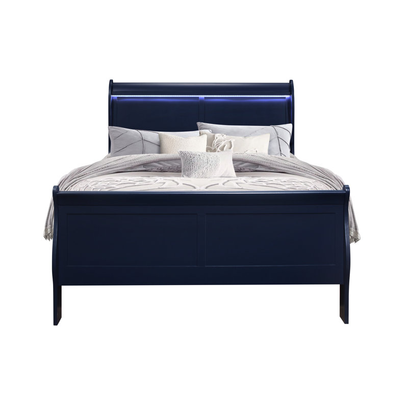 Led - Integrated Blue Full Bed, Bed Style, Panel Head, Solid Wood And , 55.13 In Depth, 82.8 Width, 47.16 Height With Led, Transitional Style Headboard, Rubberwood Material, Wide, Deep, Tall, 73.05