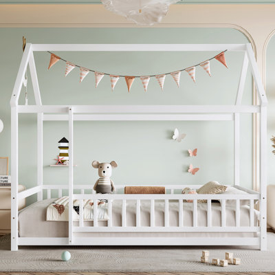 Twin Size Floor Wooden Bed With House Roof Frame And Protective Fence Guardrails For Safe, Cozy Sleep.
