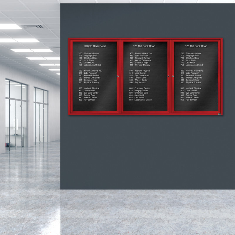 Tableau d'affichage mural fermé pour armoire d'annuaire, Rouge thermolaqué, Trois, H 48 po x l 96 po