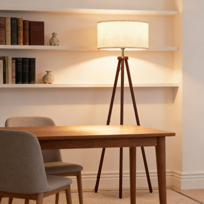 Lampe trépied en bois avec abat-jour en lin pour le salon, la chambre à coucher et le bureau, comprenant une ampoule à DEL tricolore de 12 W et un interrupteur à chaîne, fabrication en bois massif pour plus de stabilité et de style