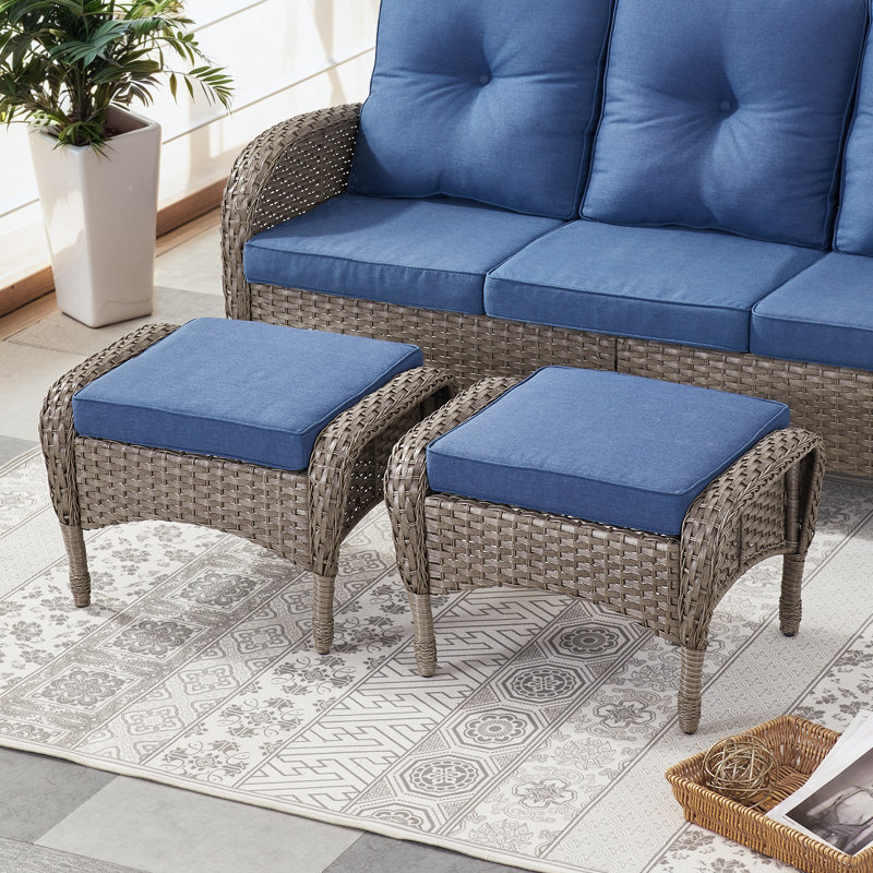 Repose-pieds d'extérieur en osier avec coussin Gaetanino, Bleu, Gris