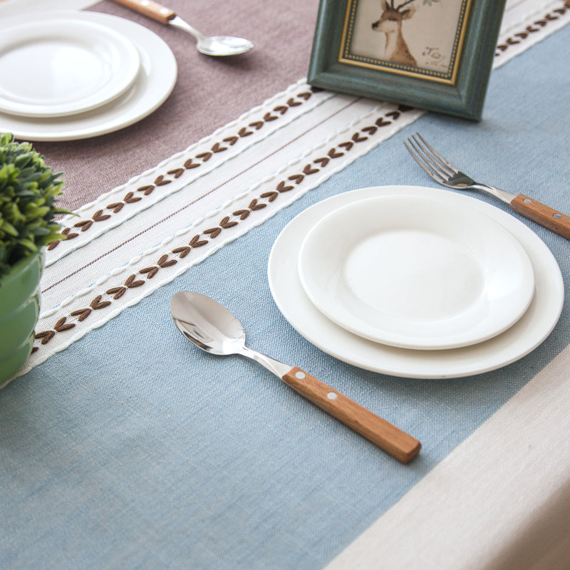 Dumas Cotton Blend Tablecloth, Khaki/Light Blue