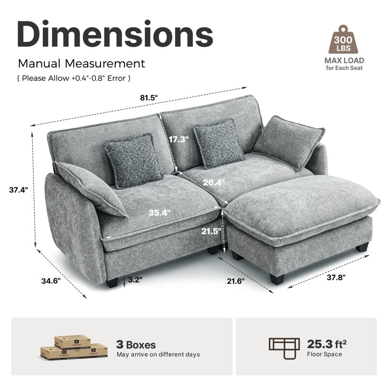 Canapé modulaire surdimensionné surdimensionné, canapé modulaire en L à 2 places avec repose-pieds, Tissu gris