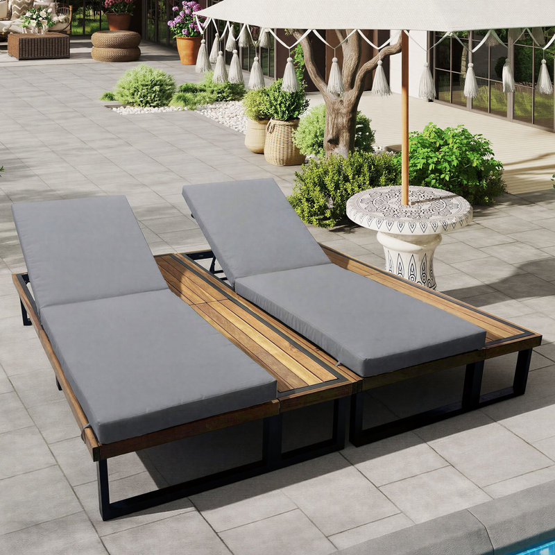 Chaise longue d'extérieur réglable à 5 positions avec table d'appoint et coussin, fauteuil inclinable de patio (ensemble de 2)