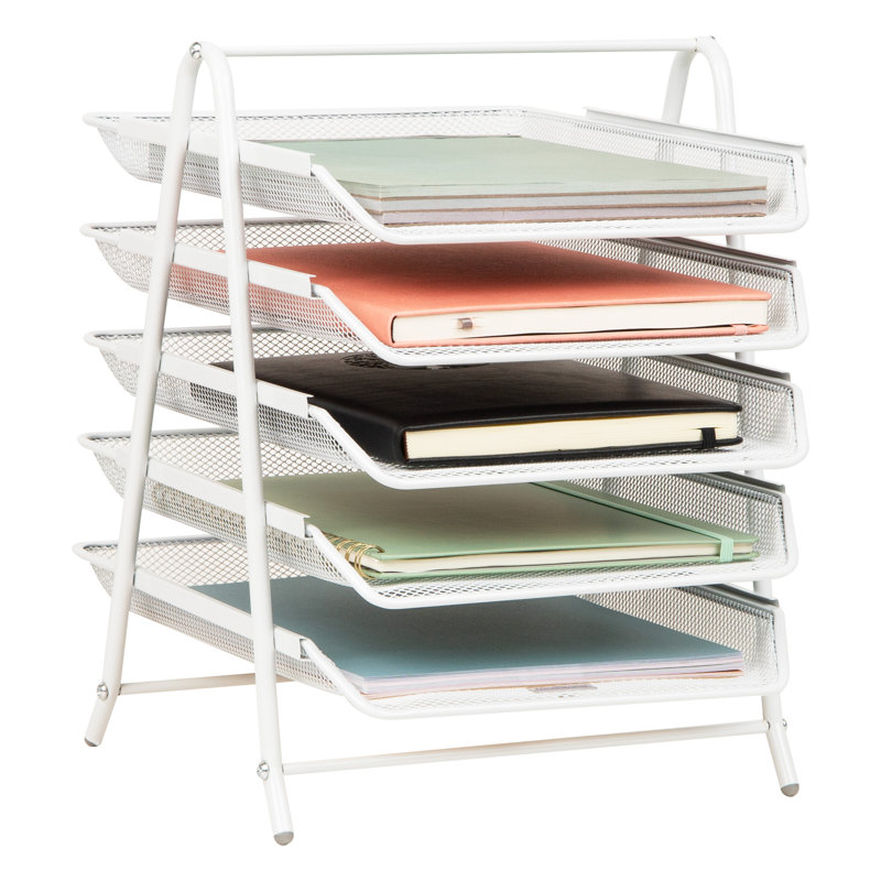 Organisateur de bac à papier à 5 niveaux, support de rangement vertical pour dossiers, bureau, filet métallique, blanc, Blanc