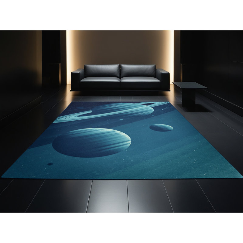 Machine Washable Percilla Exoplanet Illustration Modern & Contemporary Striped Rug in Blue – Navy Binding, 8x12