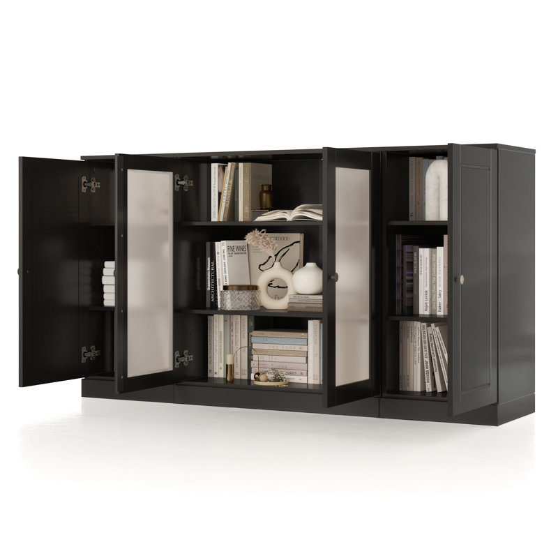 Buffet 100% bois massif 65 po avec portes en verre givré et tablettes réglables, Noir, noir, noir, noir