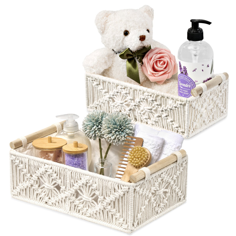 White Macrame Rectangular Fabric Storage Baskets Set