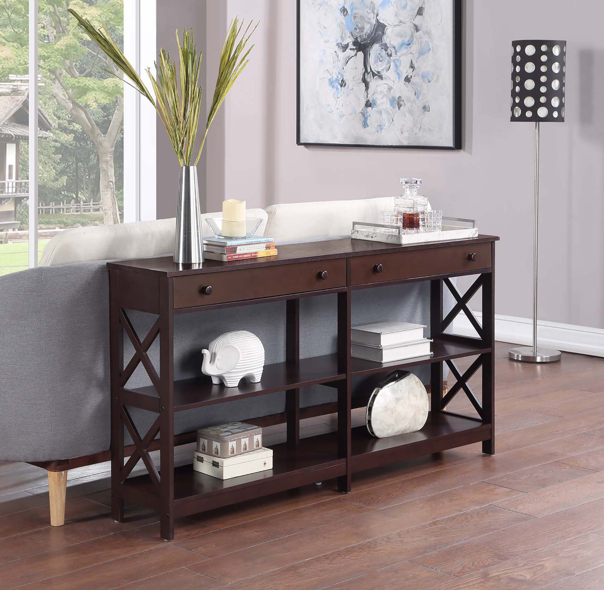 Three Posts™ Lemay 2 Drawer 60 Inch Console Table With Shelves ...