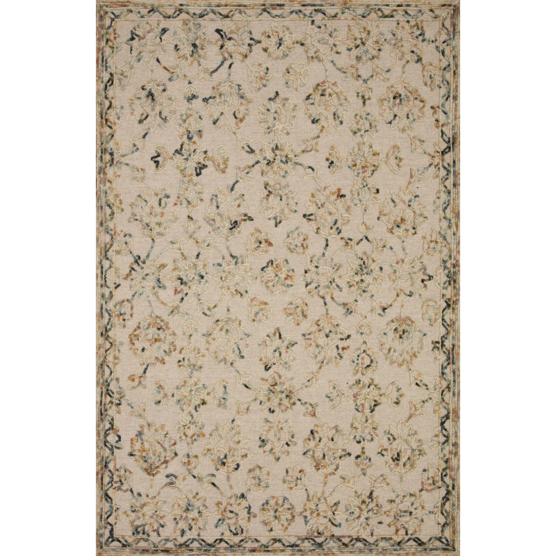 Tapis bleu / vert / beige en laine crocheté à la main Eringisl, Carré 1 pi 6 po