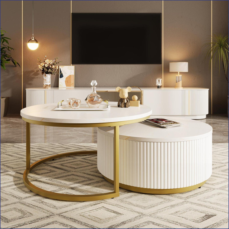 Blanc moderne et rond Table basse dorée avec tiroir, conception gigogne peu encombrante pour le salon