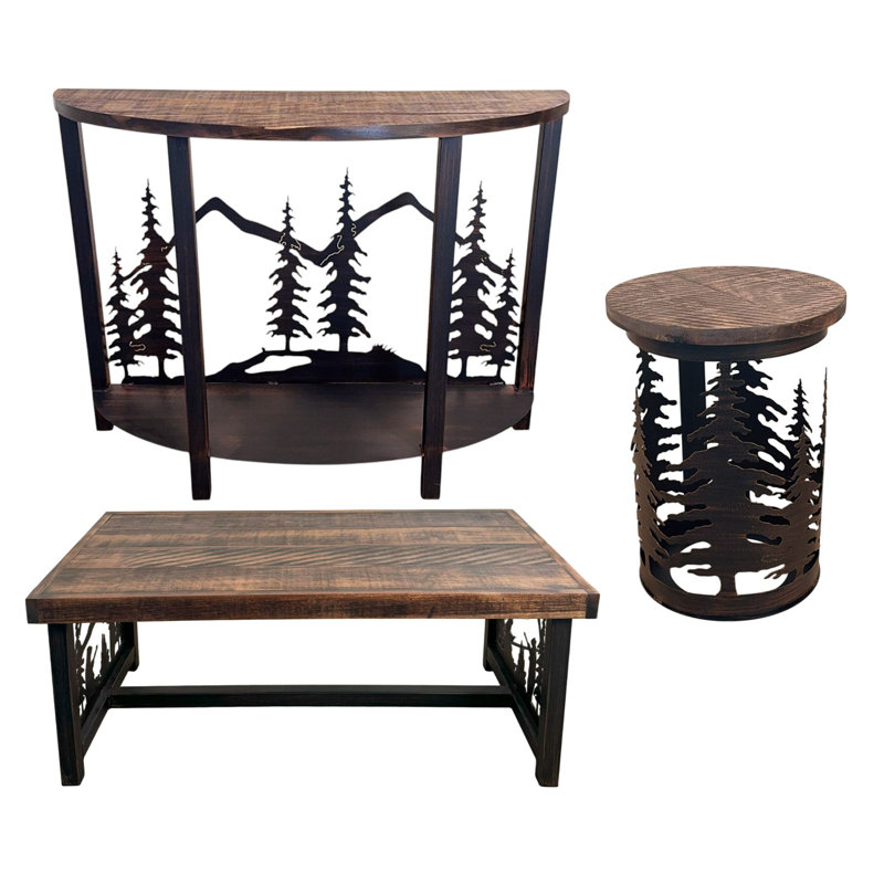 ENSEMBLE DE TABLE ARBRE 1-CAFÉ BRUN SIENNE / ARGENT BRUT MÉTAL BRUT 1- TABLETTE DE SOFA DEMI LOON 2- TABLETTES, Brun / Noir