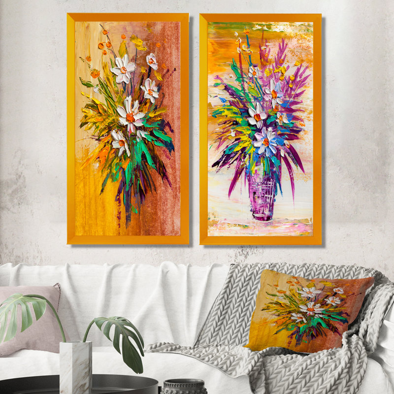 «Modern Bouquet of Daisy Flowers II», ensemble de 2 peintures sur toiles, H 20 po x l 24 po x P 1 po, Cadre photo doré