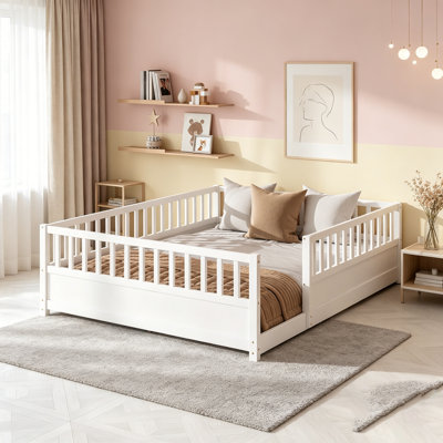 Lit au sol en bois avec barrière de haute sécurité Montessori, idéal pour la sécurité des enfants et un sommeil confortable