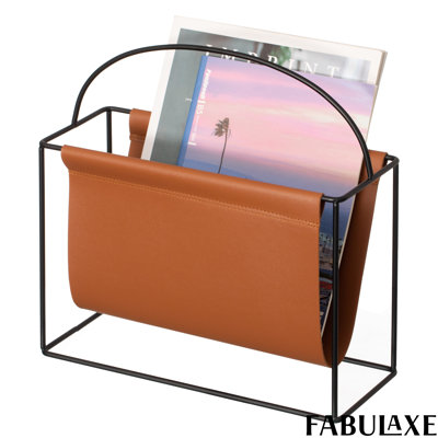 Fabulaxe Arch Gold-tone Metal Magazine Rack With Brown Faux Leather Sling Freestanding Organizer For Magazines Newspapers & Files Chic Addition To Sid by Fabulaxe