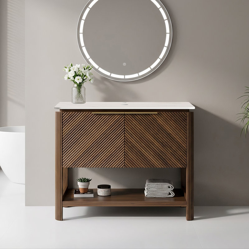 36" Freestanding Modern Fluted Bathroom Vanity Cabinet, Sintered Stone Top, Brown, Not Sink Included