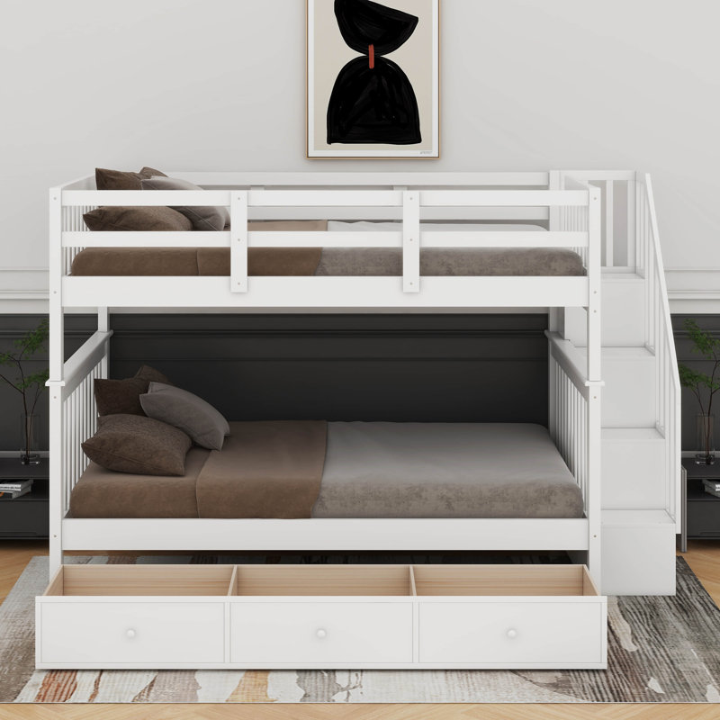 Lit superposé standard en bois 3 tiroirs, Blanc, Double sur double